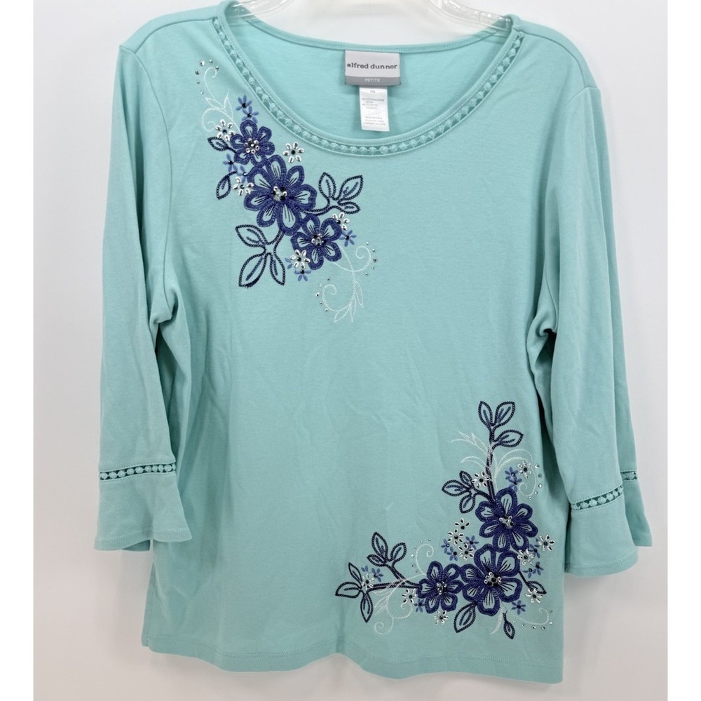 ALFRED DUNNER Women's PM Embellished Green Embroidered Floral Top